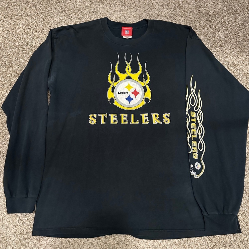 Vintage NFL Pittsburgh Steelers Mens Shirt XL Black Preowned Flames Graphic